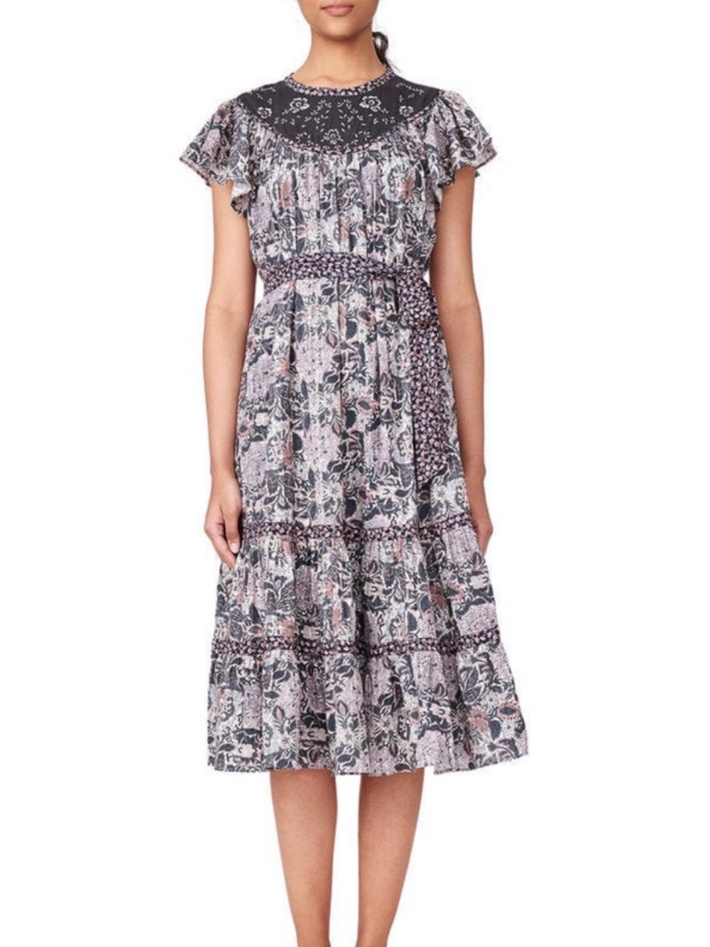Smocked Waist Floral Midi Dress in Black and Pink